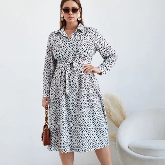 NWOT Plus Wave Stripe & Geo Print Belted Shirt Dress - Picture 3 of 5